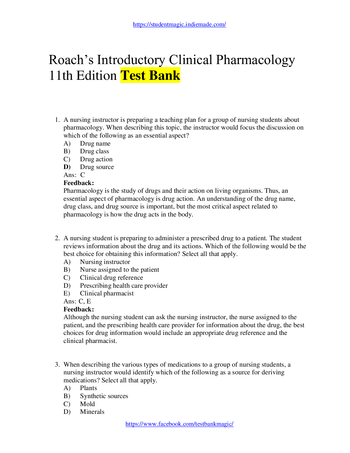 Preview of Roach’s Introductory Clinical Pharmacology 11th Edition Ford Test Bank pdf
